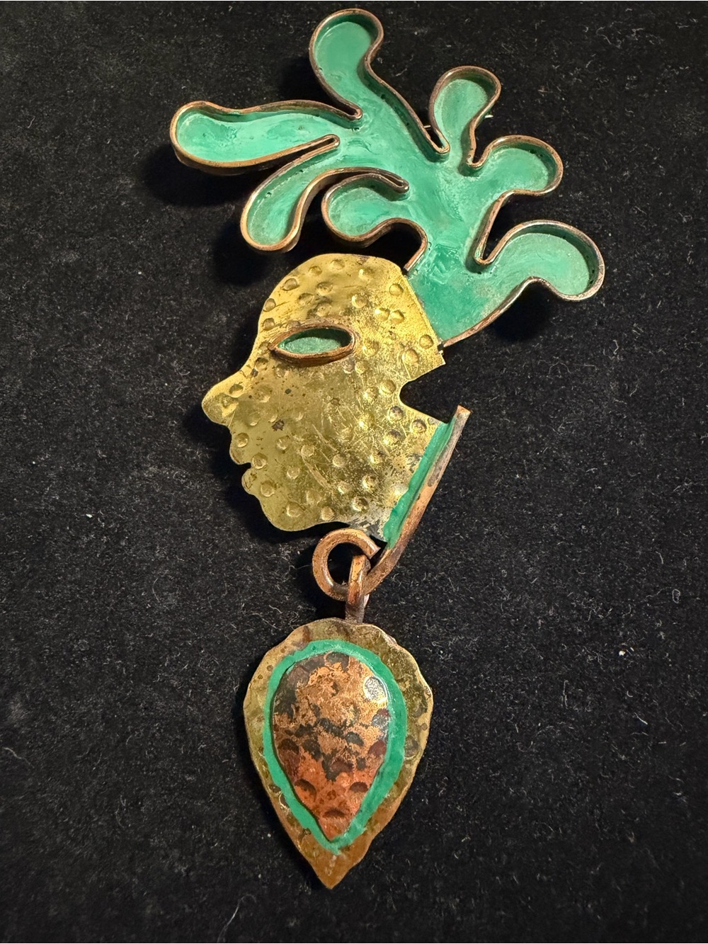 Vintage Maya Mexico Copper and Brass Pendant Brooch with Teardrop Drop